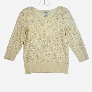 Vintage Newman Marcus Cashmere Beaded  Sweater Women S Ivory 3/4 Sleeve Glam